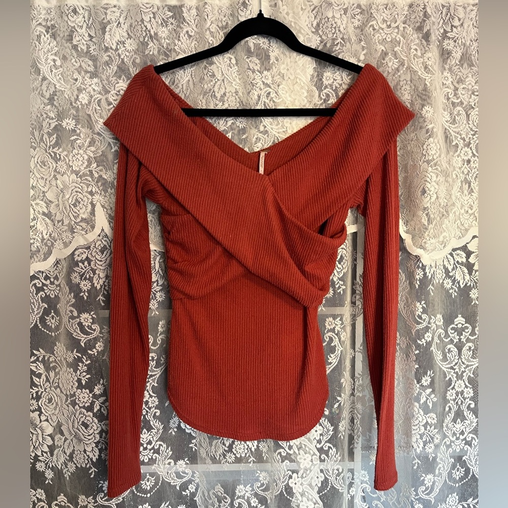 Free People Burnt orange Marled Rib Crisscross off the shoulder top